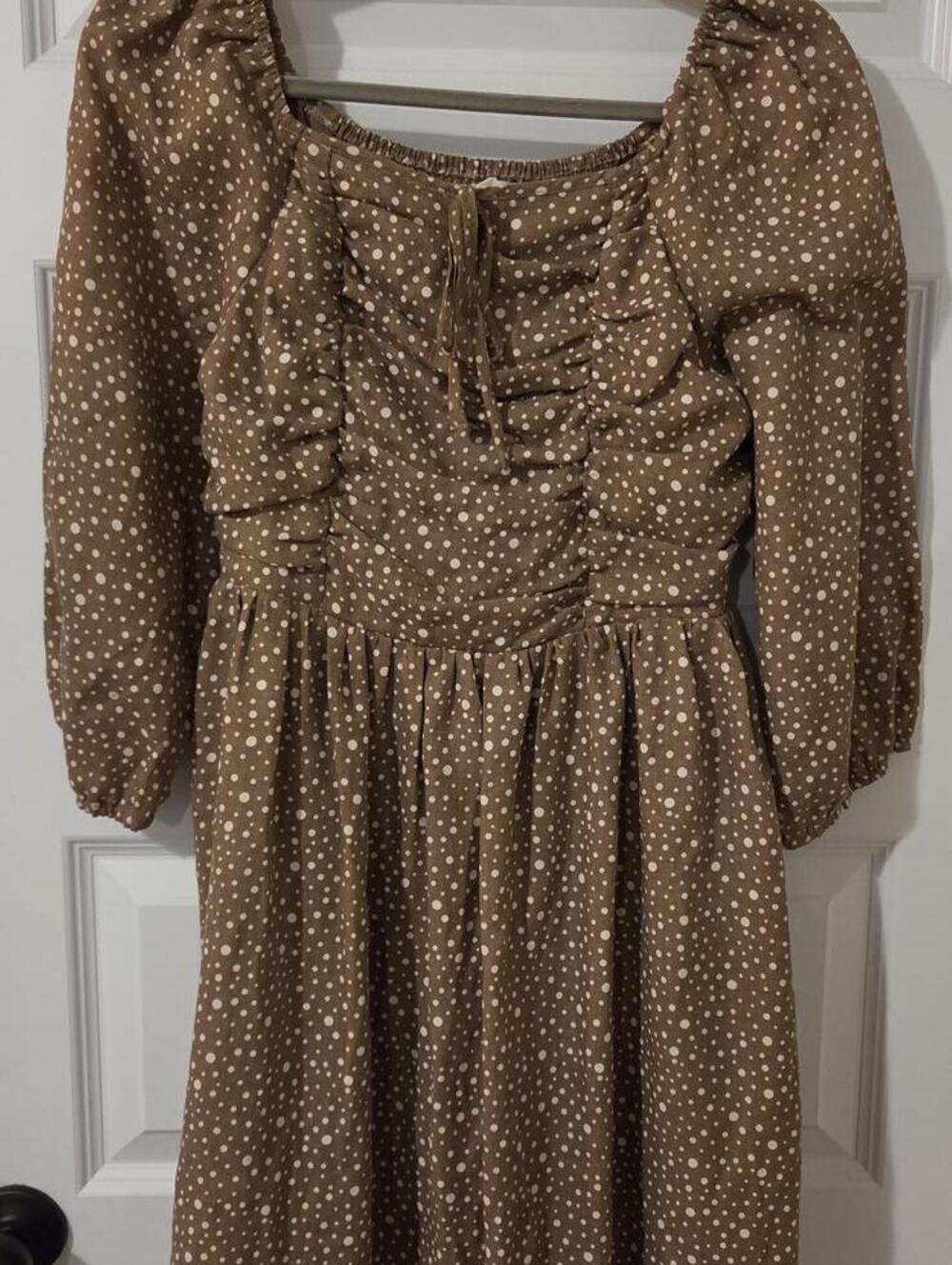 Orange Creek Brown Polka Dot Ruched Puff Sleeve Midi Dress Size M